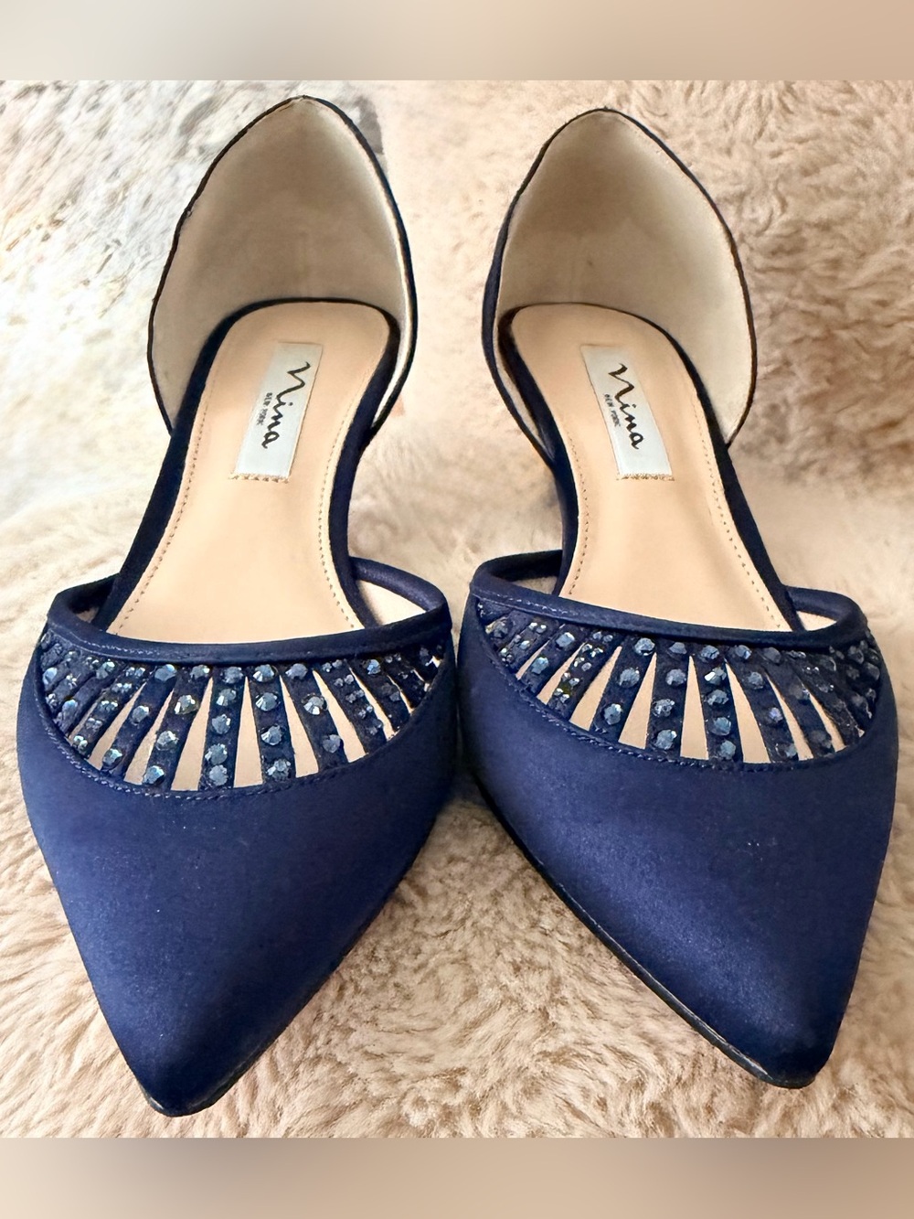 Nina Navy Blue Rhinestone Embellished Pointed Toe D’Orsay Heels 7.5